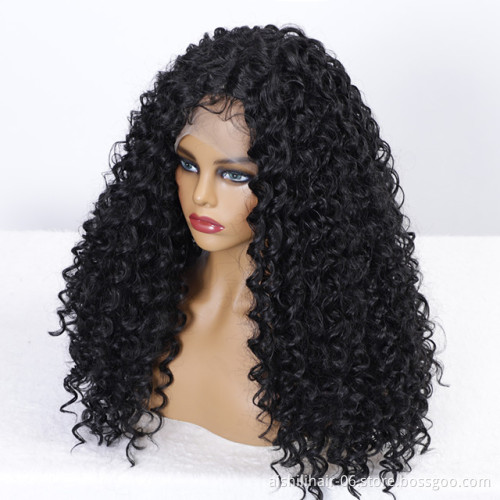wholesale  black long deep wave lace frontal wig with baby hair  heat resistant synthetic hair wigs for black women